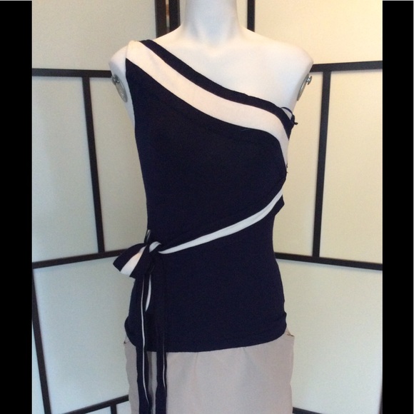 Gorgeous knit navy one shoulder, sash belt top ML